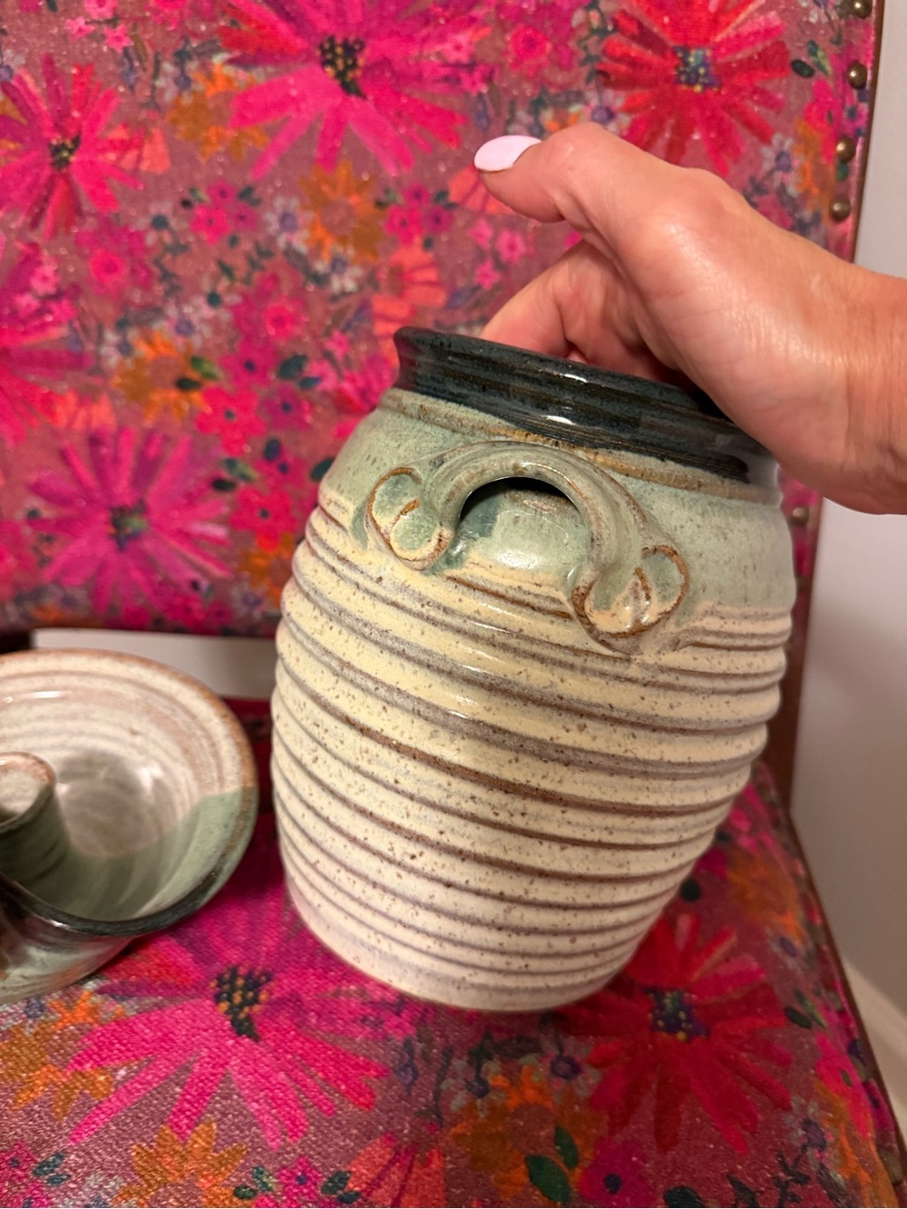 Artisan Two-Tone Ceramic Jar with Lid — Green & Cream - Picture 4 of 6